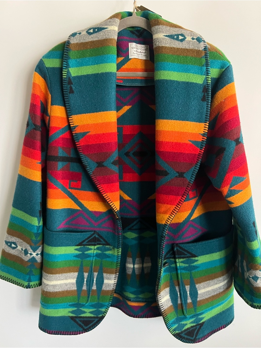 Vintage Pendleton Teal Multi-Color Shawl Collar Jacket Coat - Picture 2 of 4